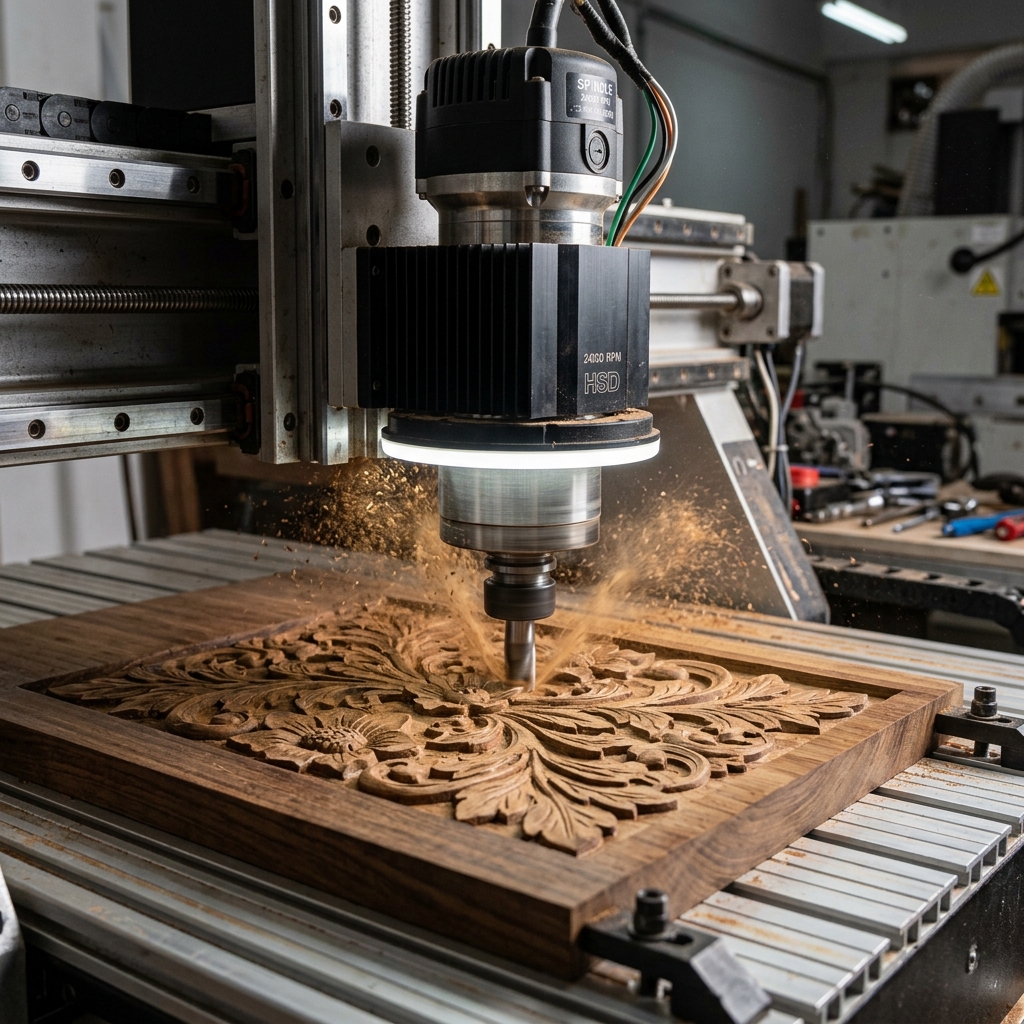 Air-Cooled CNC Spindle Carving Wood Relief Close-up